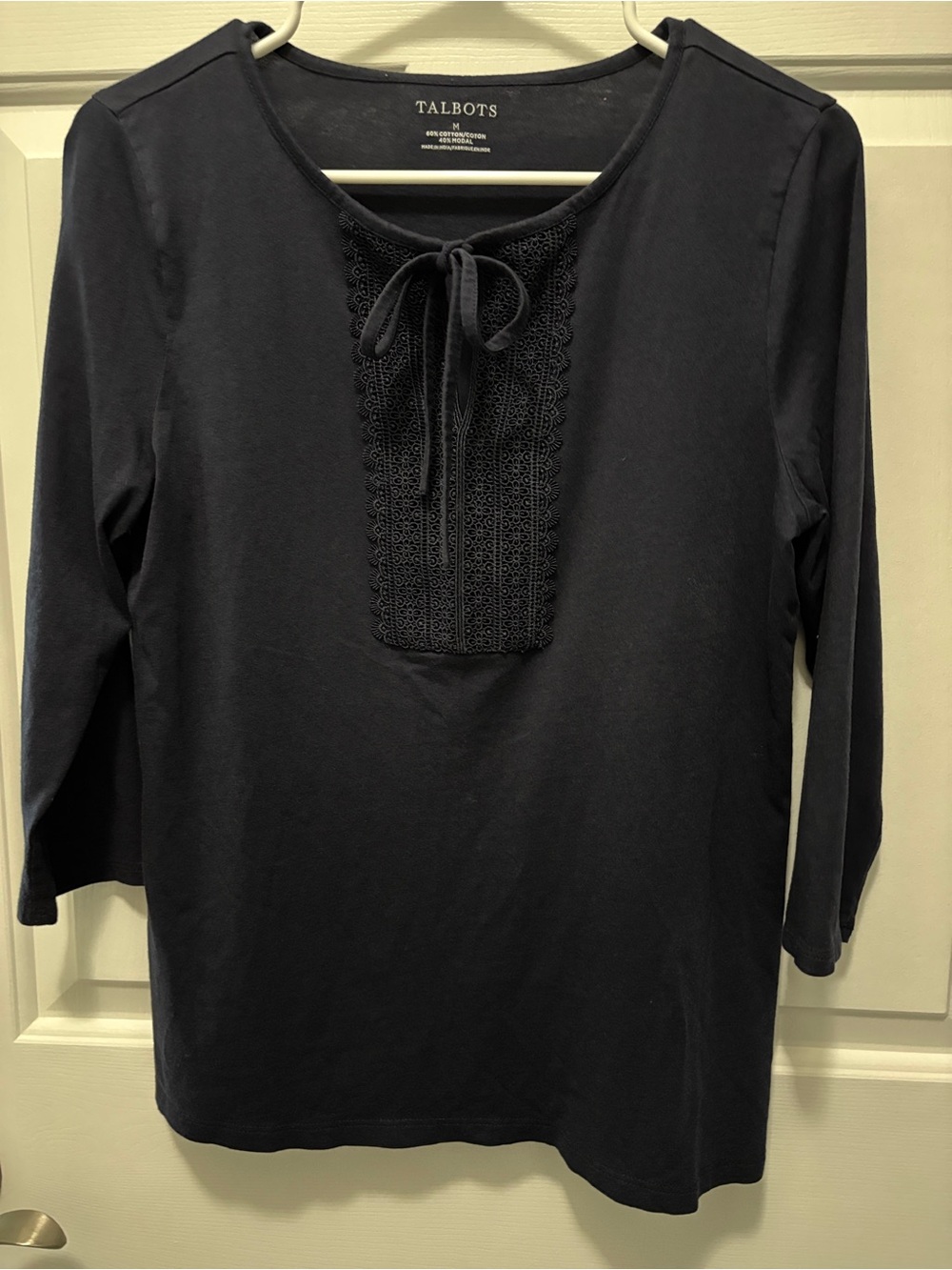 Talbots Navy Long-Sleeve Lace-Front Tie-Neck Top